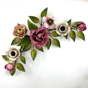 Vintage 60s Italian Tole Pink Roses Metal CandleHolder
